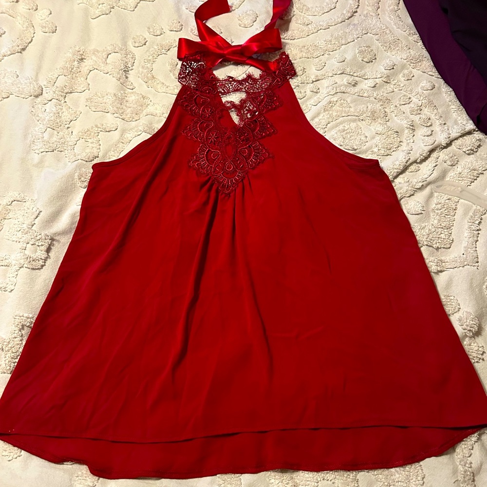 Libian Lace cut out Top Ribbon-tie Halter TANK TOP 1XL